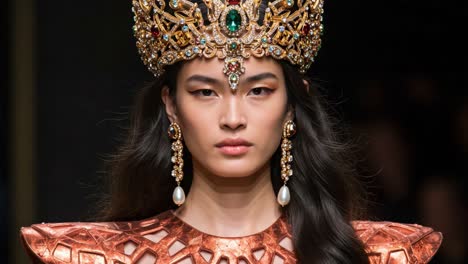 an elegant model showcasing a stunning regal crown and ornate costume on the runway, captivating the audience with grace and style