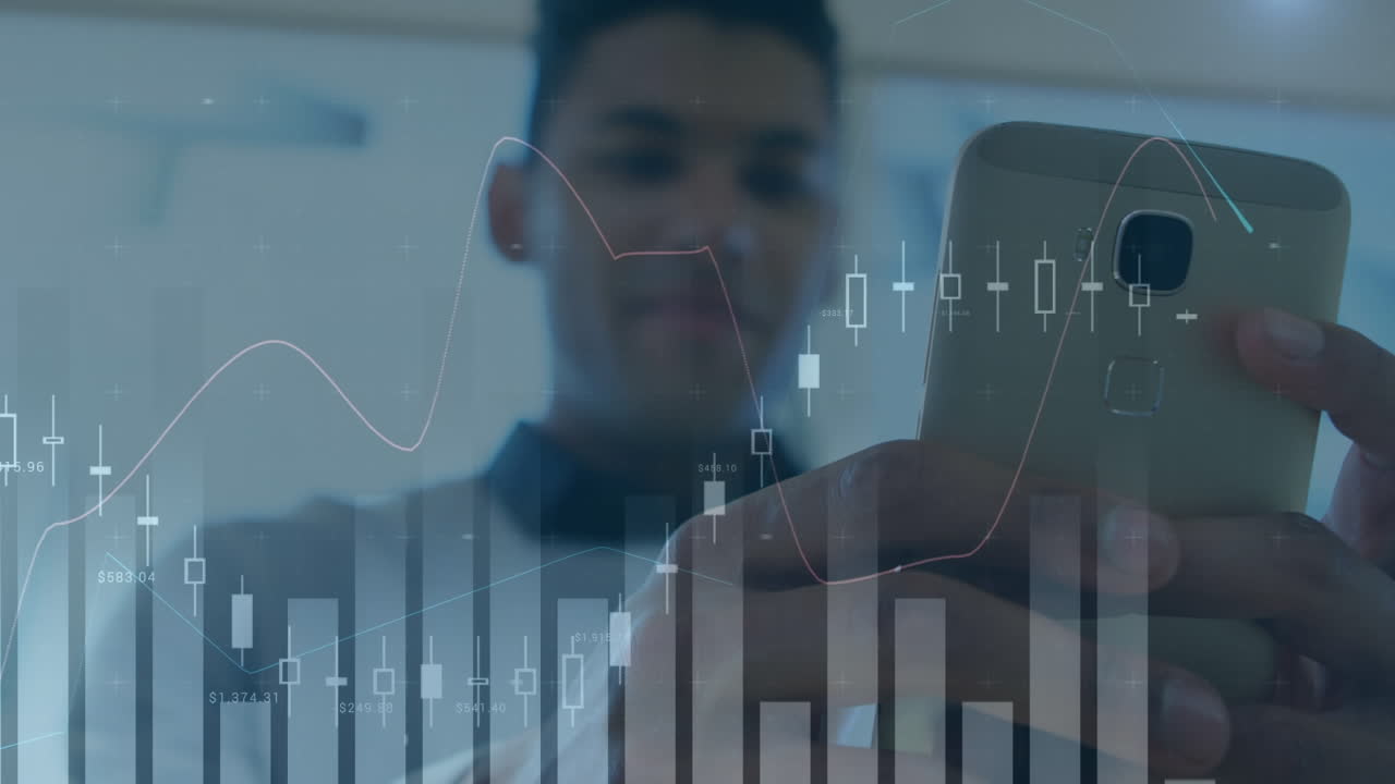 animación de estadísticas y procesamiento de datos sobre un empresario que usa un teléfono inteligente