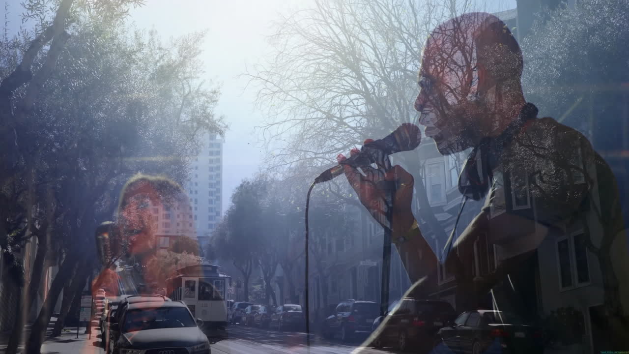 Male singer performing in city street, blending tram with animated sound waves for entertainment