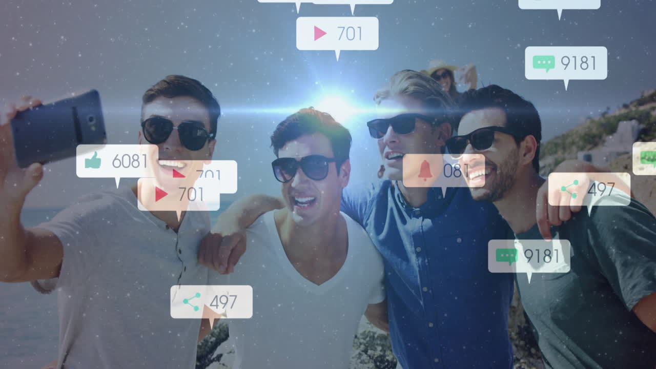Taking selfie, group of friends with animation of social media icons around