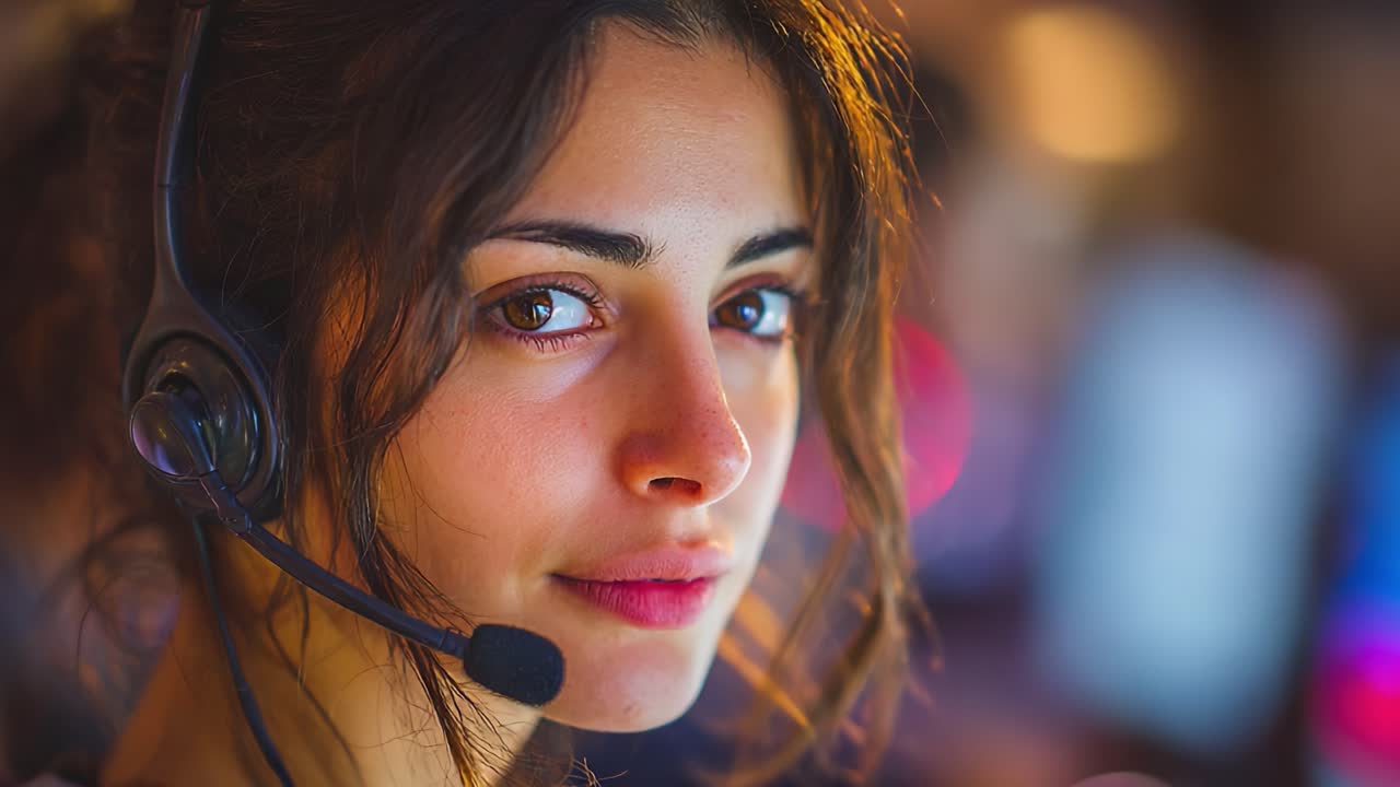 An Engaging Focus on a Young Woman Wearing a Headset, Capturing the Essence of Communication in a Modern Digital Environment with Vibrant Background Lights
