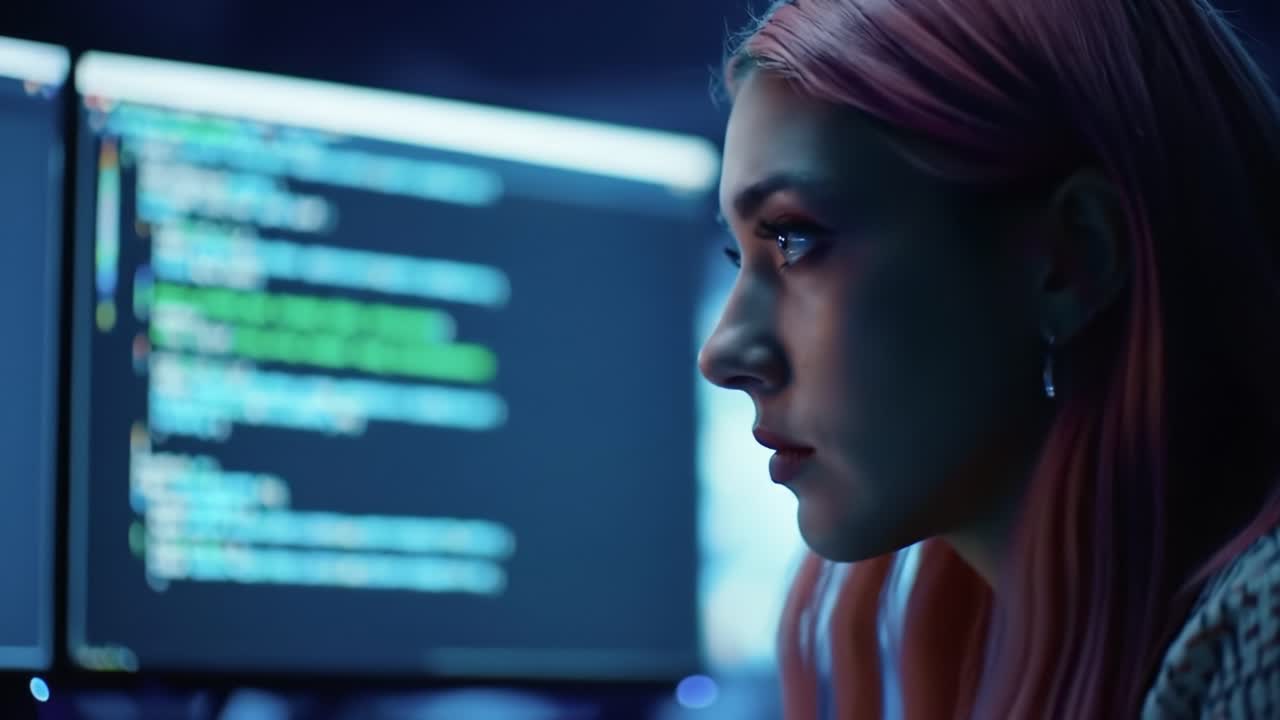Focused Female Coder Analyzing Complex Code on Computer Screens in a Dimly Lit Environment, Highlighting the Management of Digital Solutions and Cybersecurity Challenges