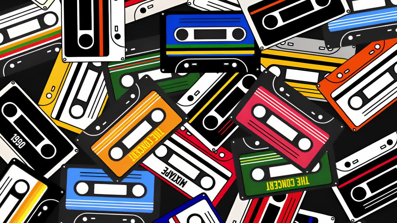 A vibrant, chaotic pile of colorful retro cassette tapes