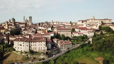 drone aerial view of bergamo - old city. one of the beautiful town in italy. landscape to the city center and its historical buildings