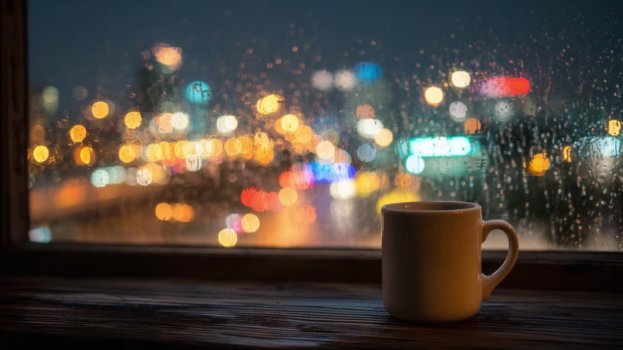 温かいマグカップのある居心地の良い夕べ：ガラスに落ちる雨粒と、リラックスできる雰囲気を醸し出す遠くの街の灯りの穏やかな眺め。