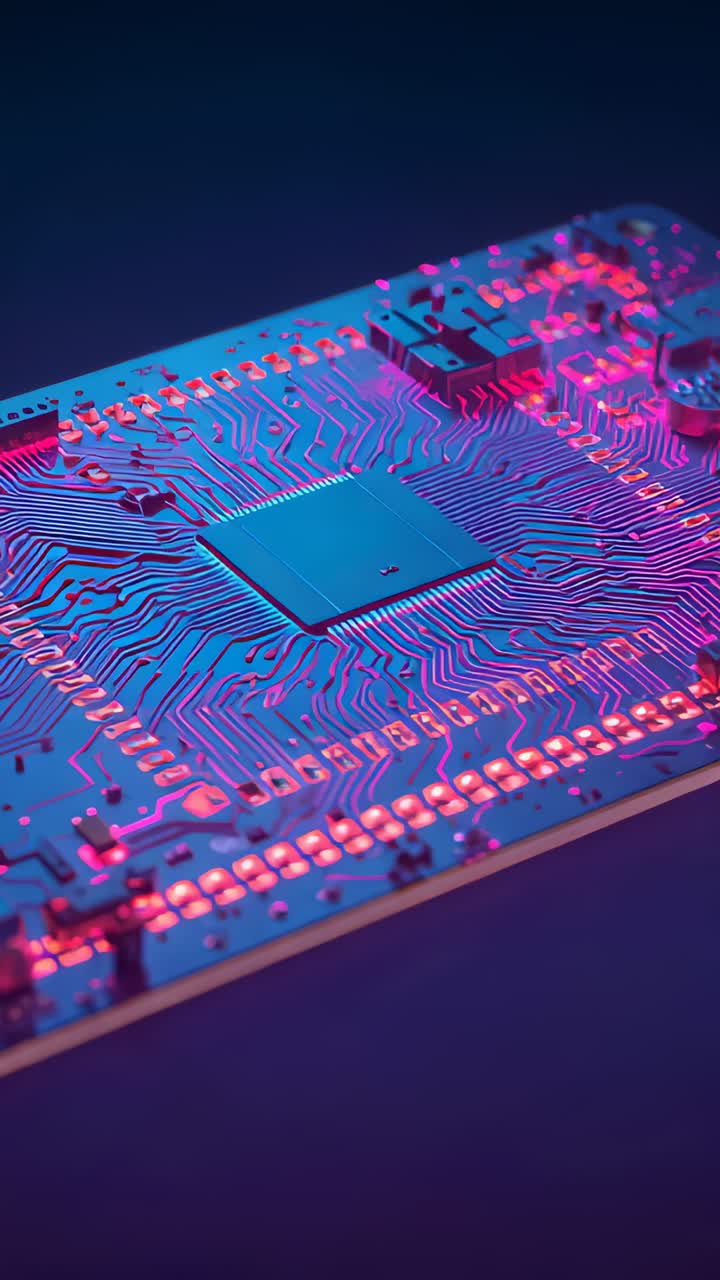 Vertical video: Panning camera revealing PCB on studio tabletop, showing central chip and traces