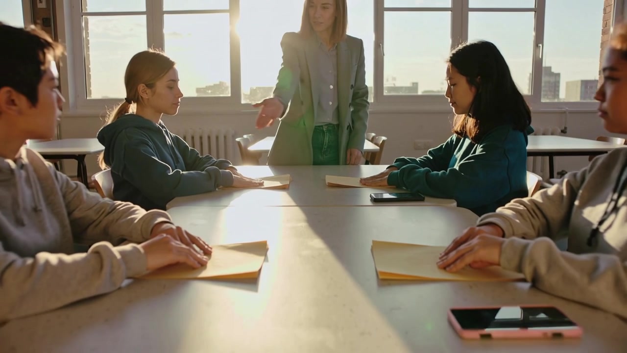 Placing manila folder, teacher in green blazer guiding students placing hands on folders at table