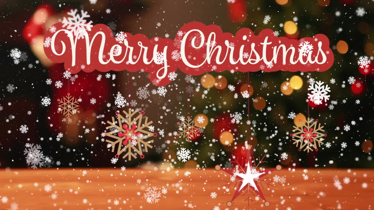 눈, 눈송이 및 흐릿한 크리스마스 조명 위에 메리 크리스마스의 애니메이션