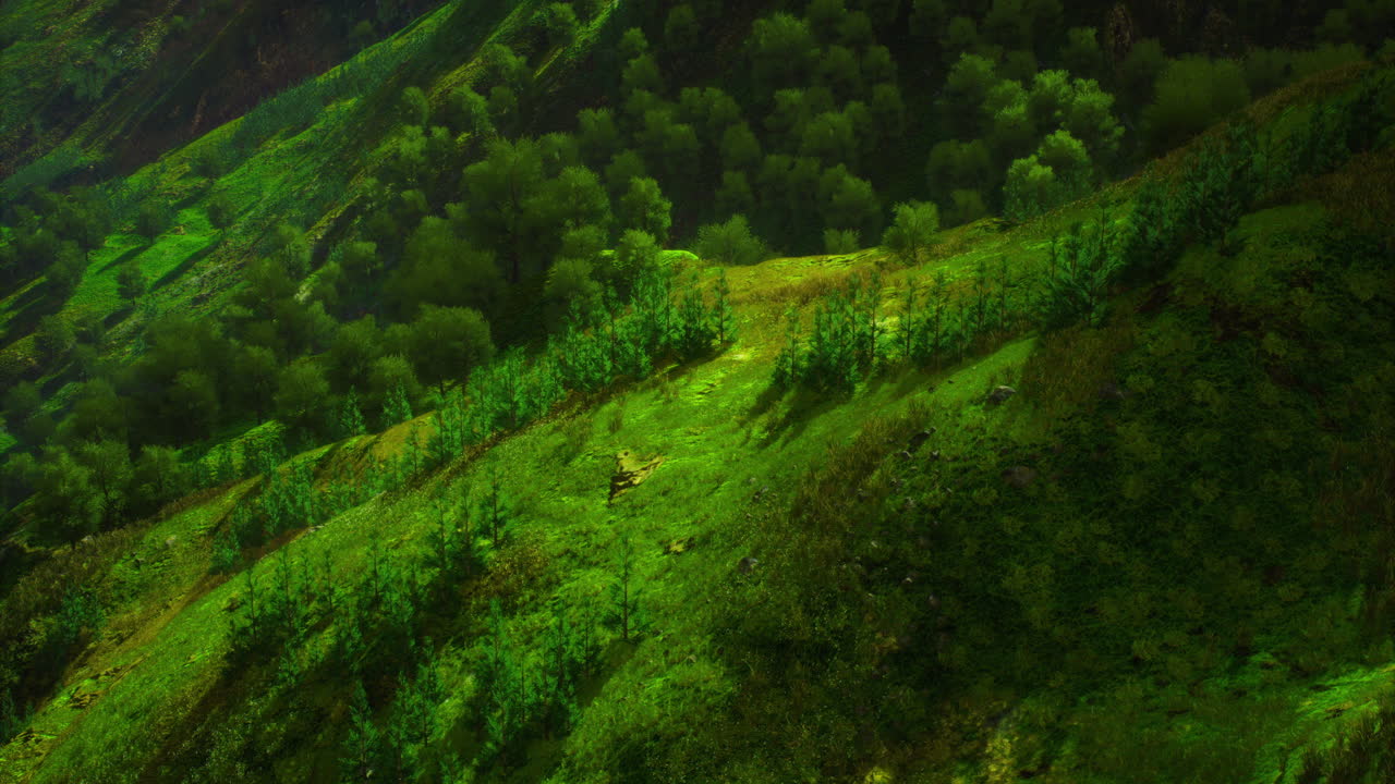 Lush green hills abound in serene landscape under golden sunlight