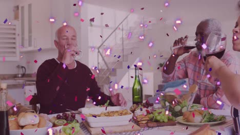 animación de confeti sobre un grupo diverso de ancianos bebiendo vino