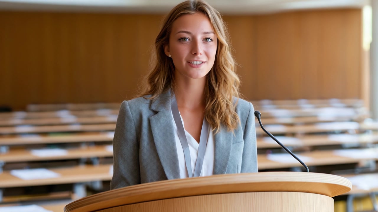 A Confident Speaker at the Podium: Showcasing Enthusiasm and Preparedness in an Empty Lecture Hall Setting