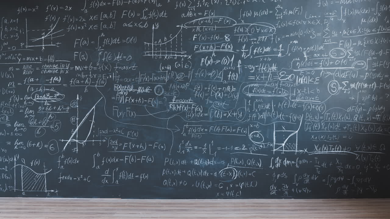 Student Studying on a Chalkboard with Complex Math Equations