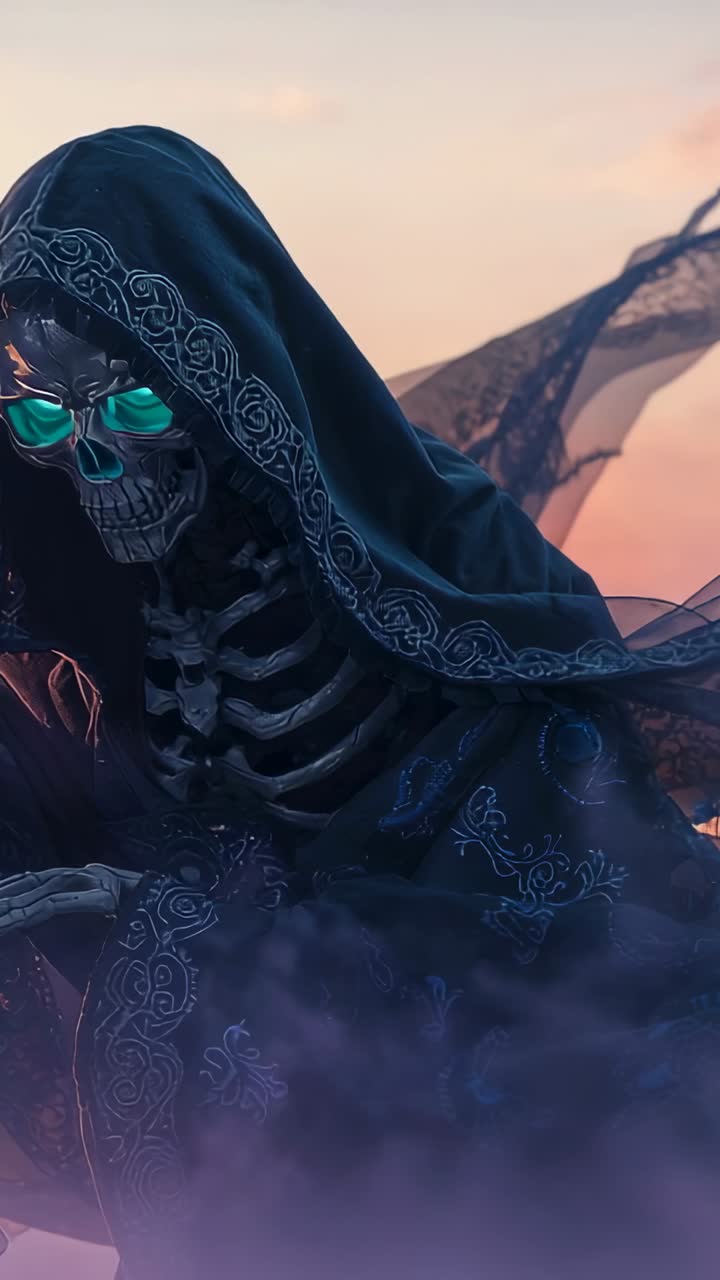 Vertical video: Showing hooded skeleton perching on rock ledge at dusk, with swirling violet mist