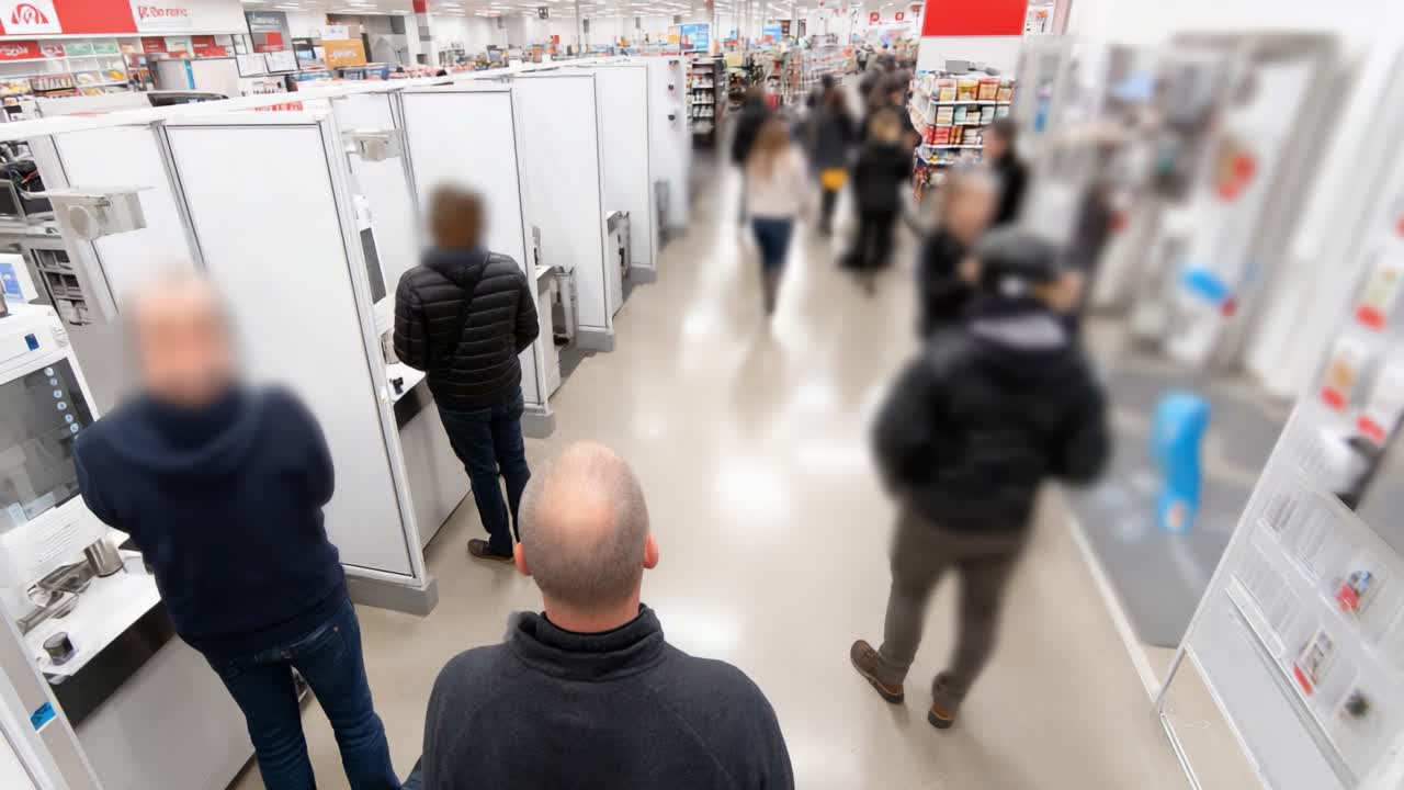 A Busy Retail Environment with Shoppers Gathering Around Display Areas, Highlighting Consumer Behavior and Product Interactions in a Modern Store Setting