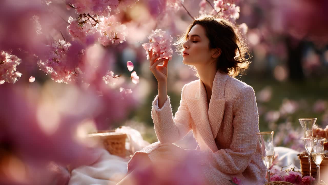 A serene moment captured in a blooming cherry blossom garden, showcasing a young woman enjoying the delicate beauty of flowers while evoking feelings of tranquility and elegance