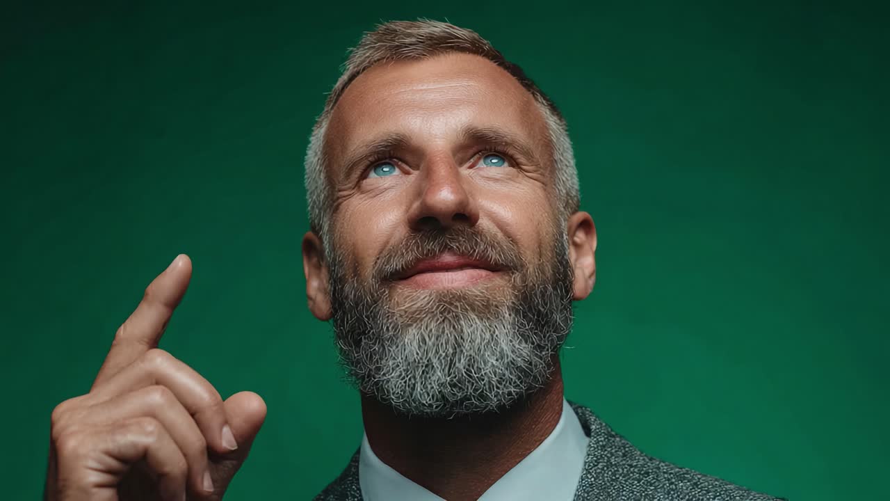 Un uomo pensieroso in completo guarda verso l'alto con un'espressione ispirata, suggerendo idee e possibilità su uno sfondo verde tinta unita