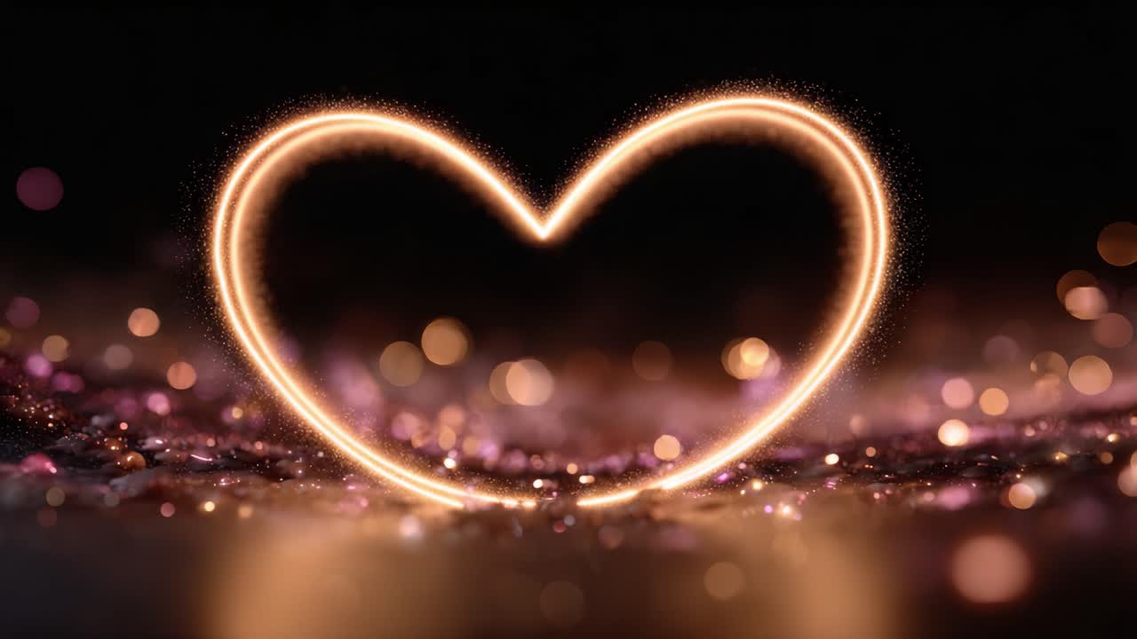 Una forma de corazón con un brillo precioso, iluminada con destellos y luces bokeh suaves que crean una atmósfera mágica de amor y romanticismo en un colorido resplandor