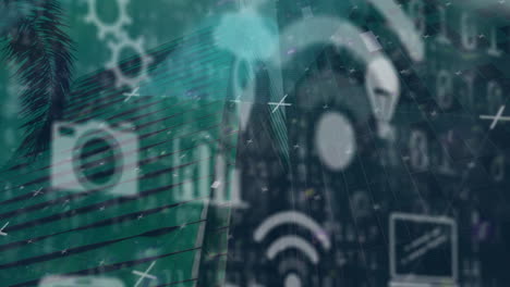 animación de iconos de tecnología y fallo sobre edificios