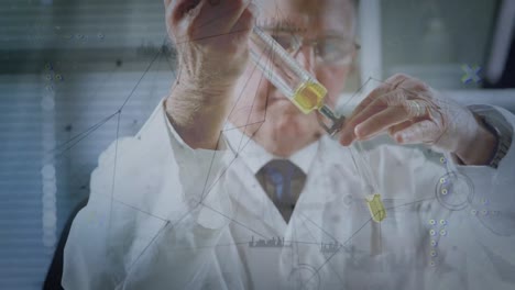 animación de las conexiones sobre el trabajador de laboratorio caucásico senior con la muestra