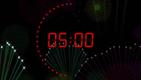 animación de reloj digital contando hacia abajo hasta la medianoche con fuegos artificiales en fondo negro