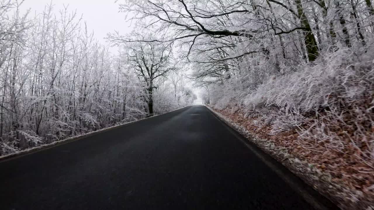 POV from a car making a right turn in a snowy winter forest
