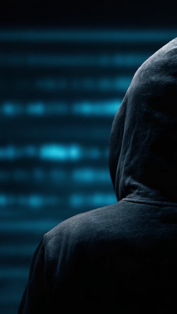 A Mysterious Figure in a Hooded Garment Stands Against a Glowing Digital Backdrop, Evoking Intrigue and Anonymity in a Dark Atmosphere