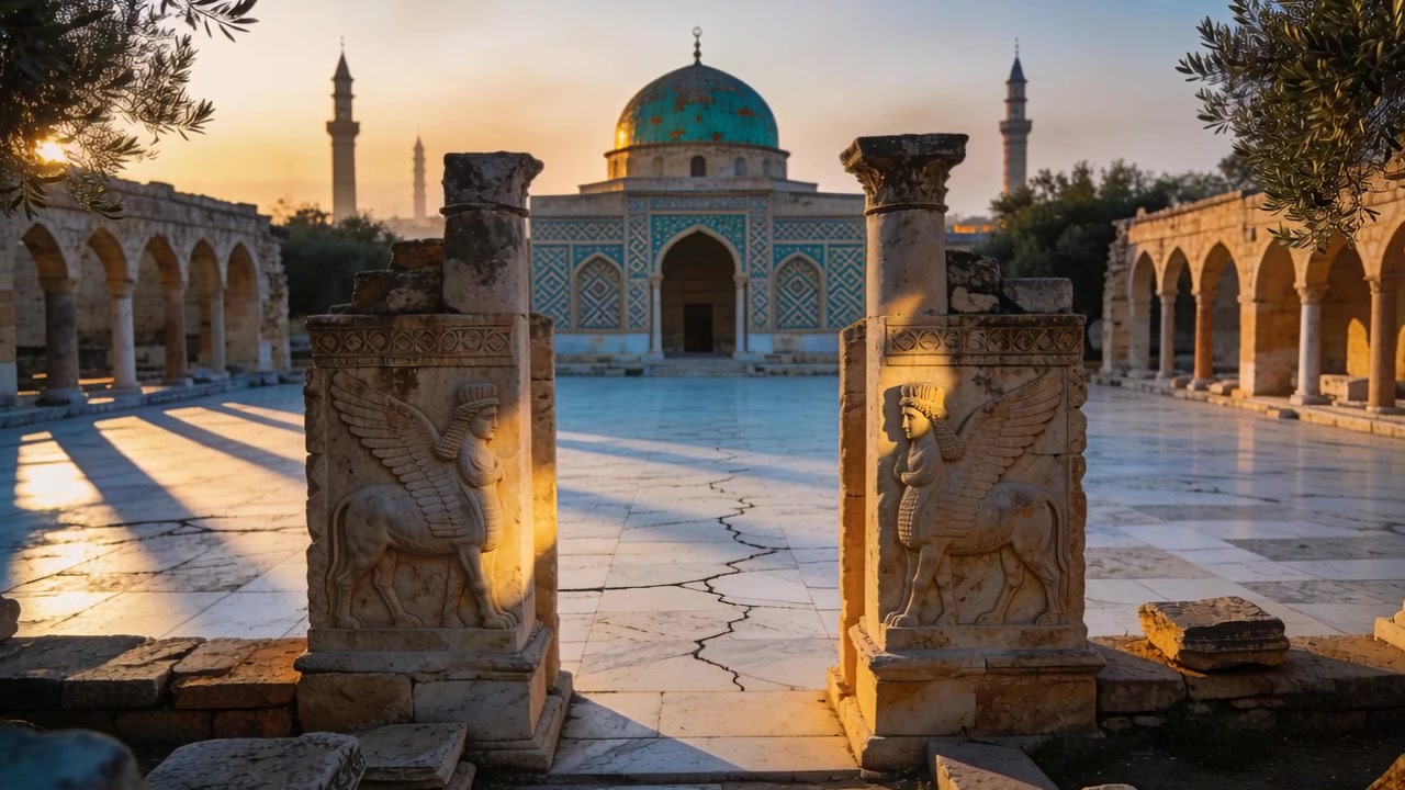 Bathing stone panels with griffin reliefs at sunrise, sun moving across cracked courtyard to dome