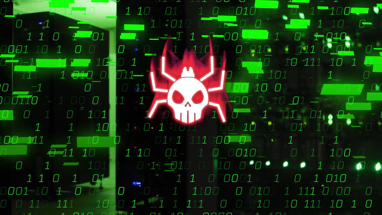 Skull and bug icon with binary code, cybersecurity threat animation over server room