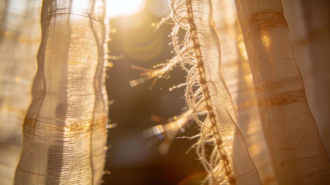 Shimmering sheer curtains with decorative fringe catching golden sun at window, showing lens flares