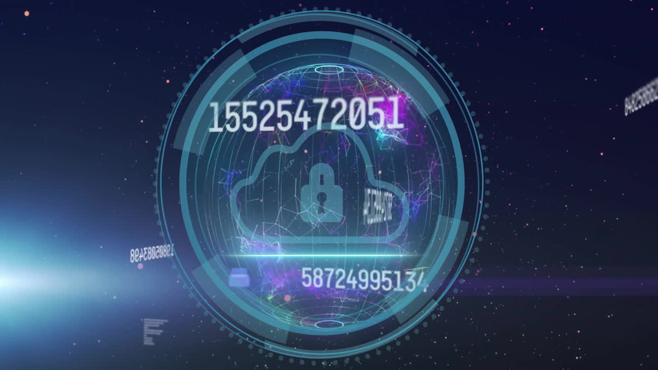 데이터 처리 및 범위 스캔의 애니메이션 사이버 보안 텍스트와 락 아이콘