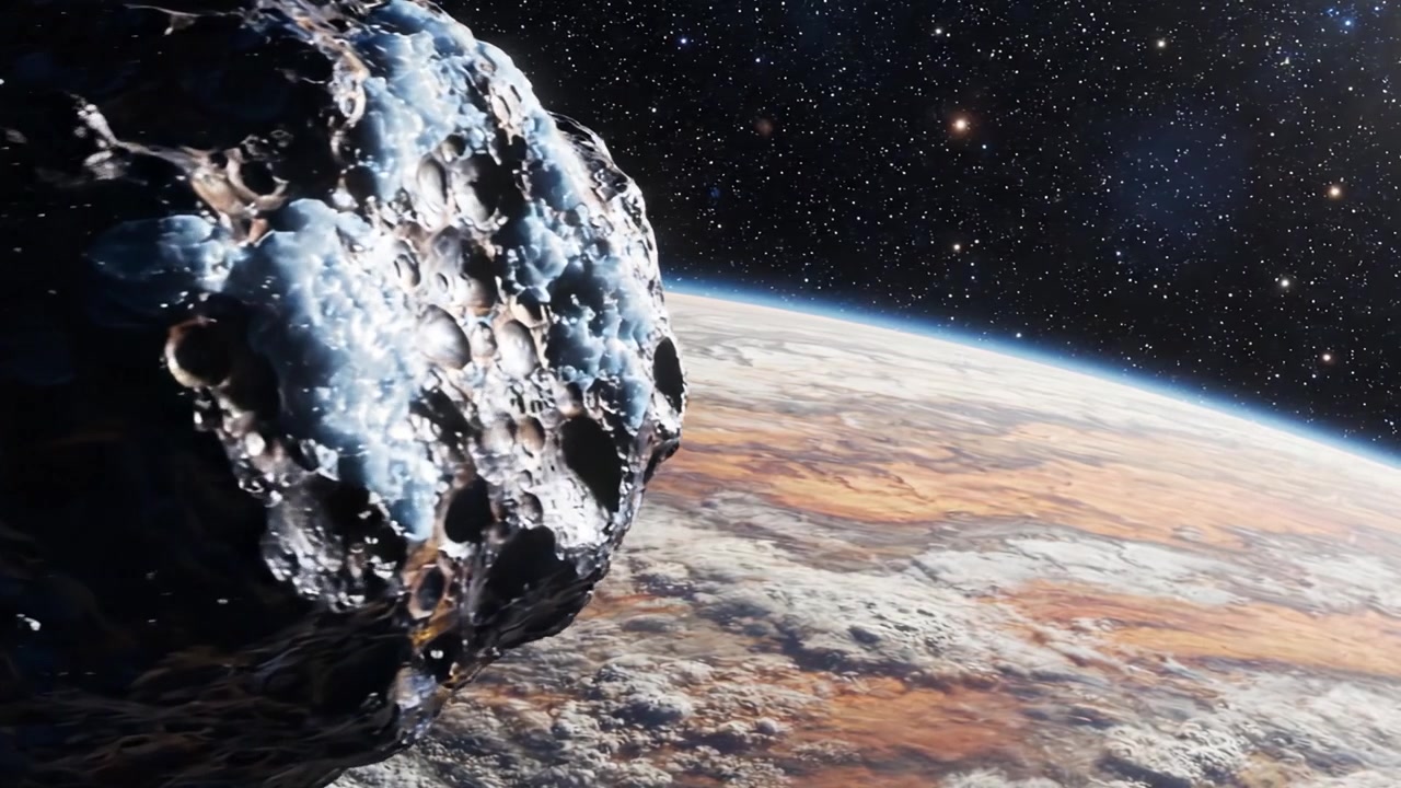 Una vista cosmica mozzafiato: le vaste profondità dello spazio che mostrano una superficie planetaria distante e un corpo celeste vicino con magnifici dettagli.
