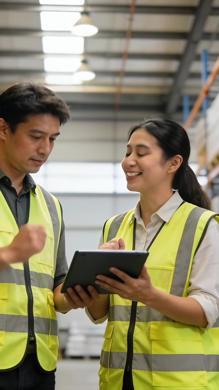 Vertical video: Pointing man guiding woman tapping tablet in warehouse in vests, confirming stock