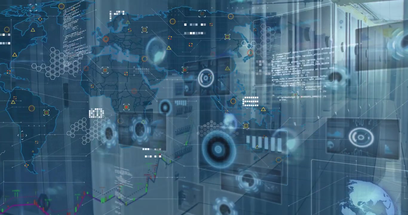 Digital World Map with Data Processing Overlays in a Server Room