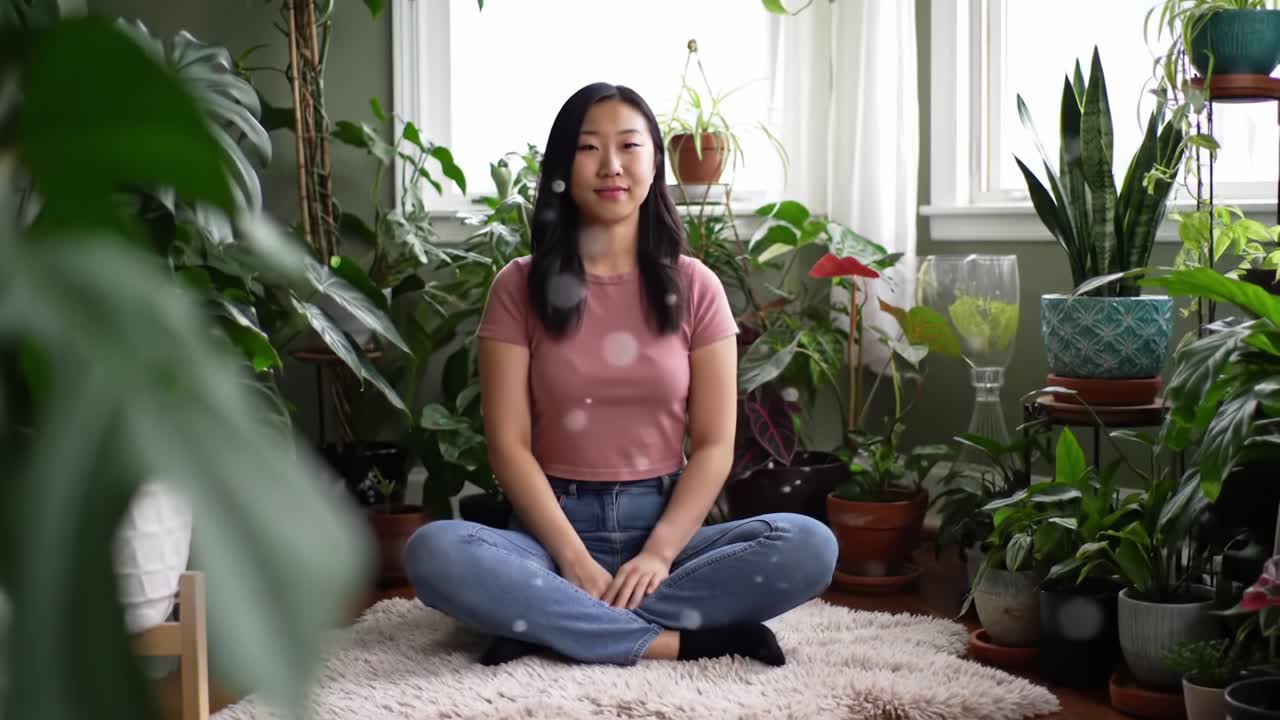 A serene moment of mindfulness captured in a lush indoor garden, where a young woman sits cross-legged amidst vibrant plants, embodying tranquility and connection with nature