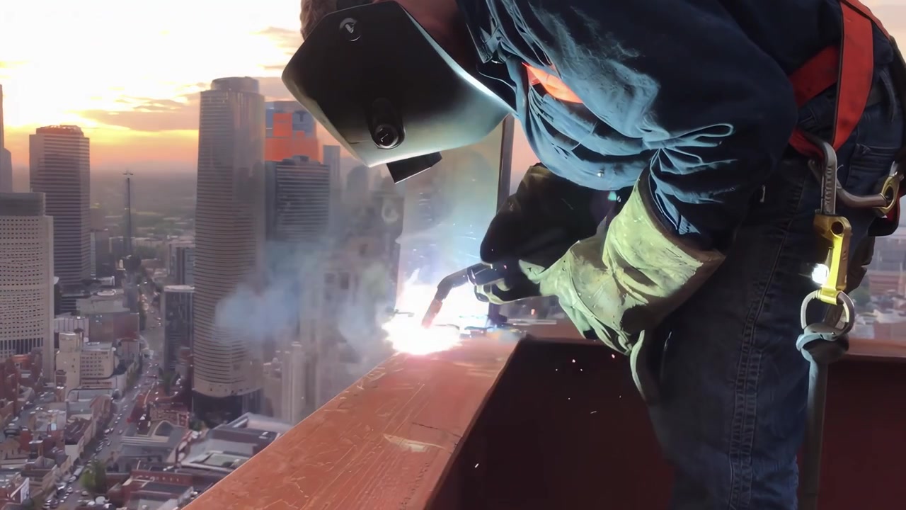 Construction Welder Working on High-Rise Building at Sunset