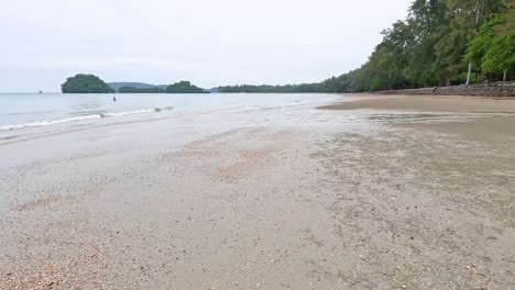 a tranquil beach scene in krabi, thailand, showcasing gentle waves, sandy shores, and lush greenery under soft daylight
