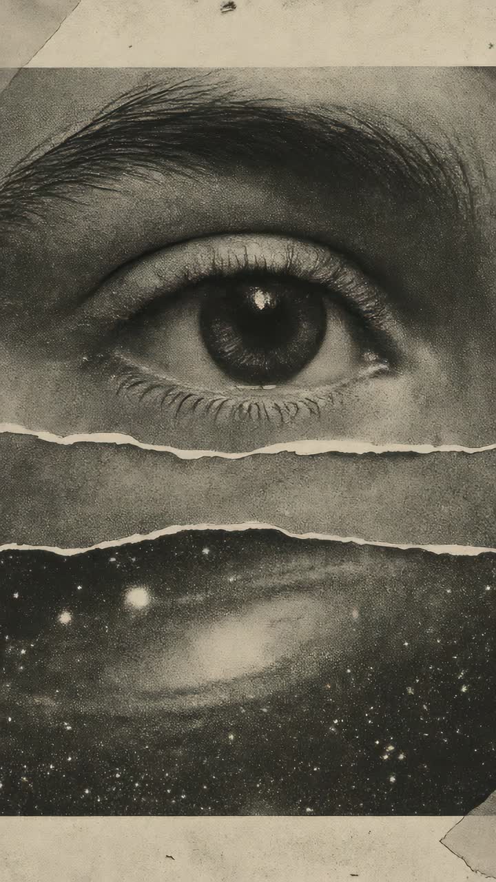 Surreal collage of an eye and galaxy, blending human and cosmic elements