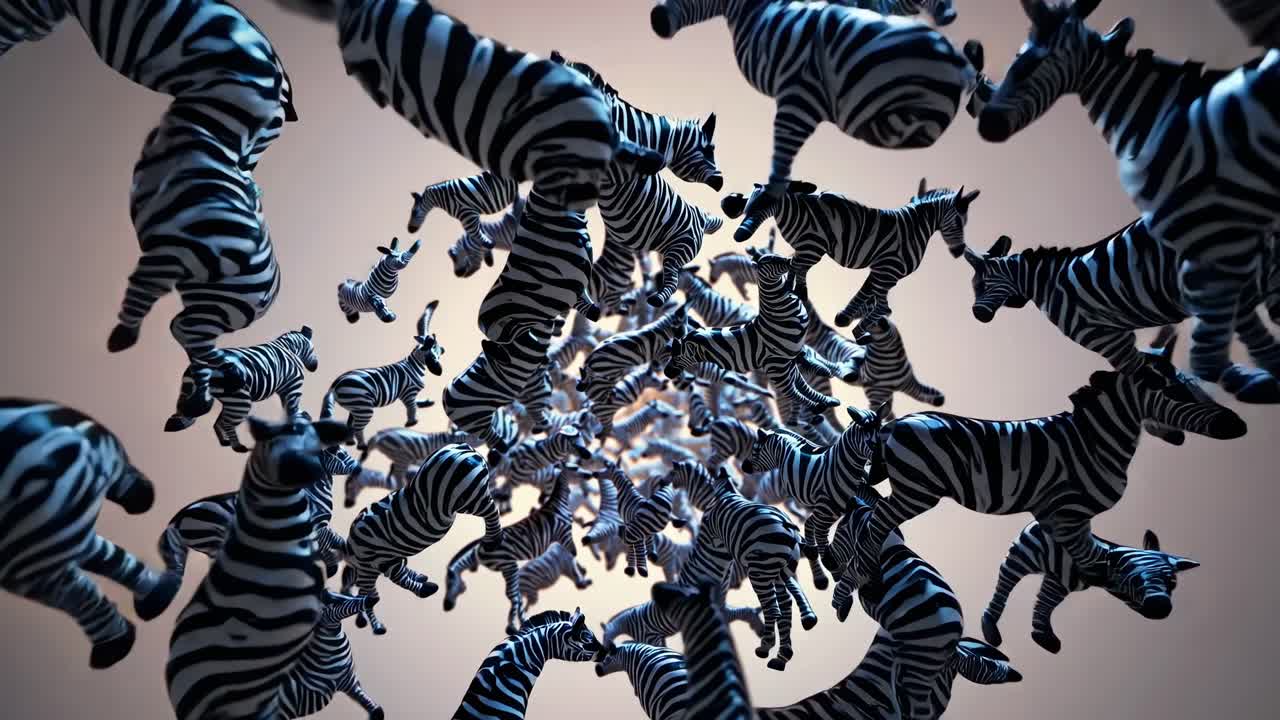Many zebras are jumping and floating in the air, forming a surreal vortex against a light brown background, creating a visually striking and unusual scene
