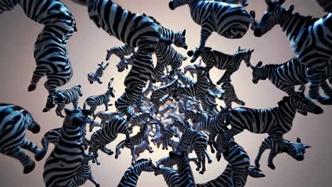 many zebras are jumping and floating in the air, forming a surreal vortex against a light brown background, creating a visually striking and unusual scene