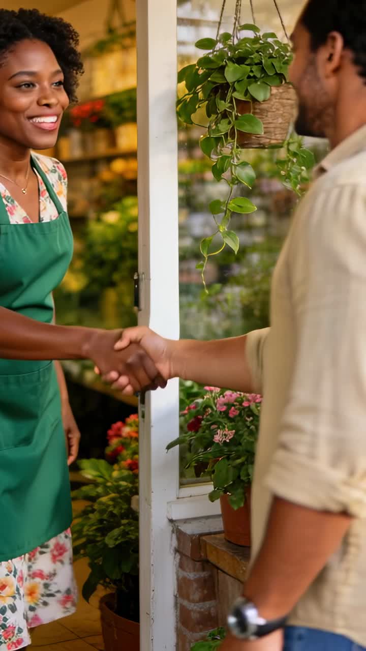 Arriving customer greeting staff in green apron over dress, shaking hand at doorway inviting inside