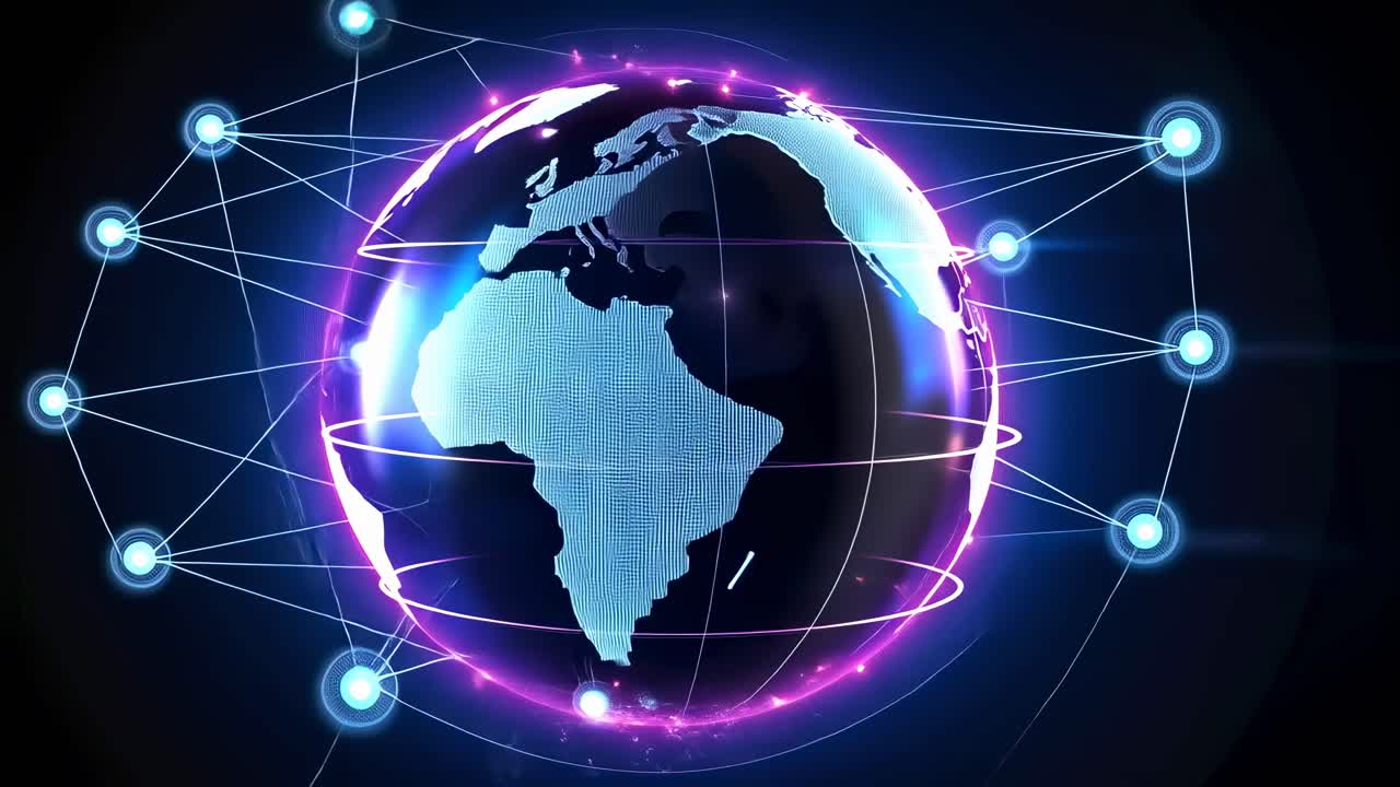 Futuristic video concept of a glowing digital Earth with neon lights, viewed from a tilted angle