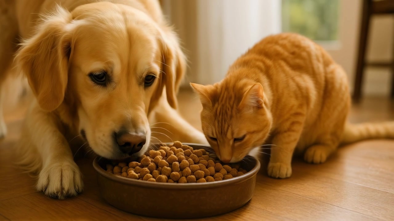 Golden Retriever Hund und orange getigerte Katze teilen sich einen Futternapf