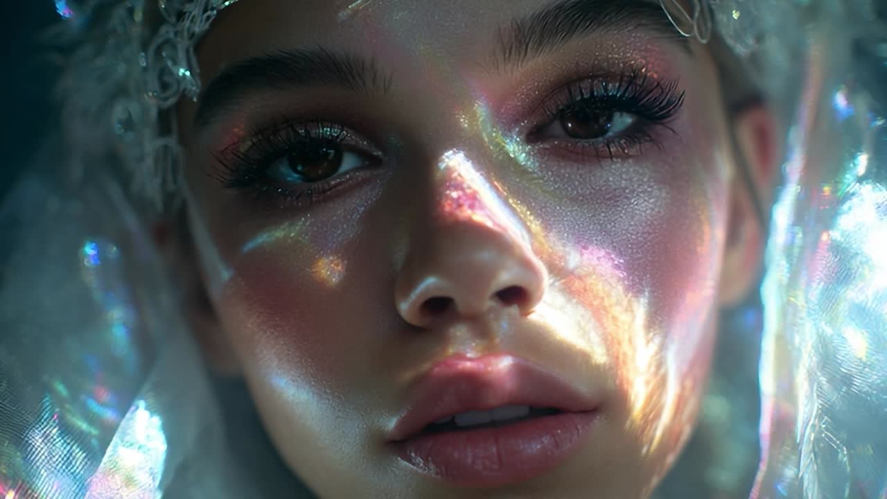 Donna con pelle scintillante che riflette i colori dell'arcobaleno in una luce soffusa
