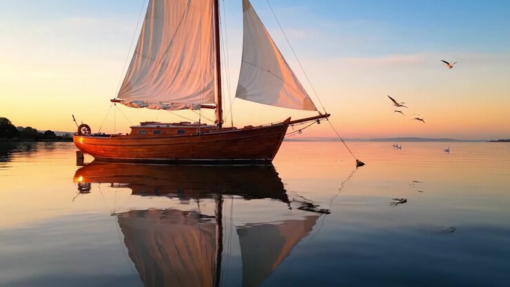 Un sereno riflesso del tramonto di una classica barca a vela su acque calme, che cattura lo splendore e la pace della natura alla luce della sera