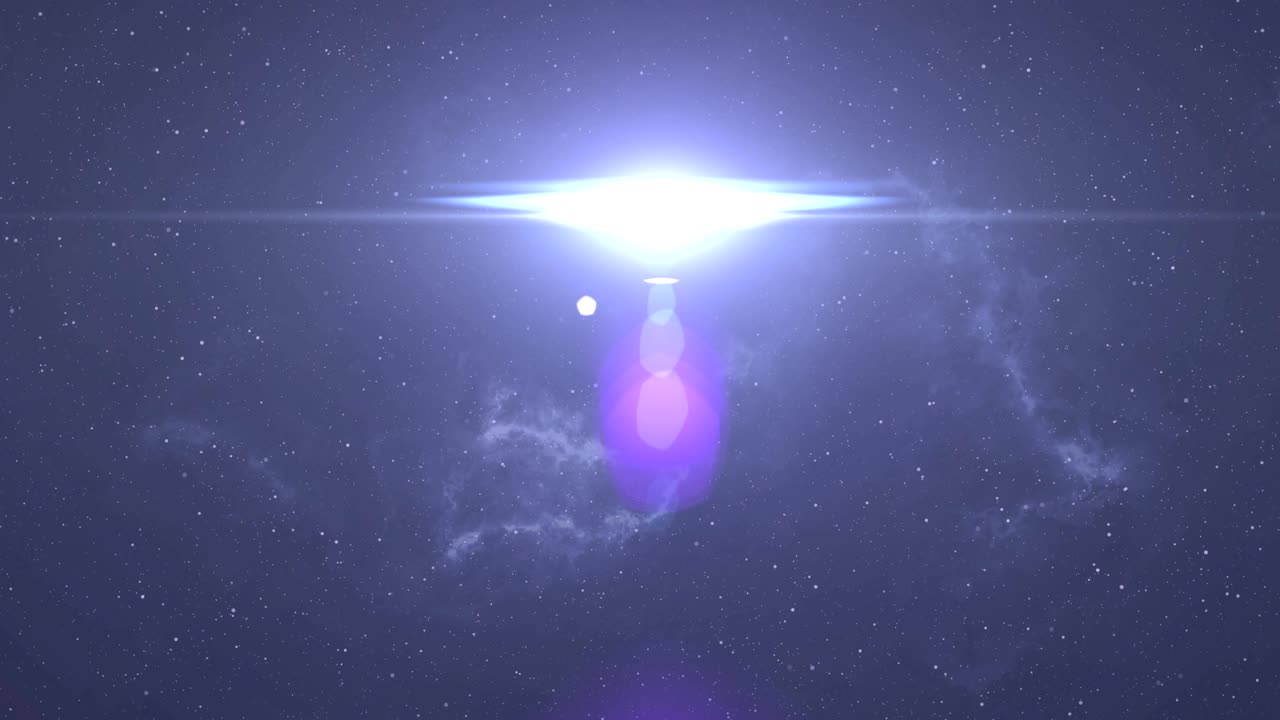 밤하늘의  ⁇ 색과 파란색 성운 위에 움직이는 밝은  ⁇ 색의 빛 반점