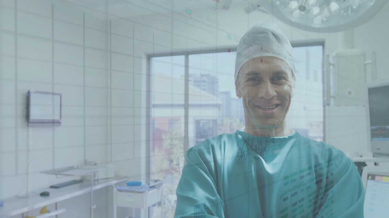 animación de procesamiento de datos sobre cirujano caucásico en el hospital