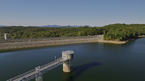 Blue-Ridge-Lake-Georgia-Aerial-v4-drone-flyover-hydroelectric-facility-water-dam-and-Toccoa-River,-surrounded-by-mountainscape-and-picturesque-landscape-views---Shot-with-Mavic-3-Cine---October-2022