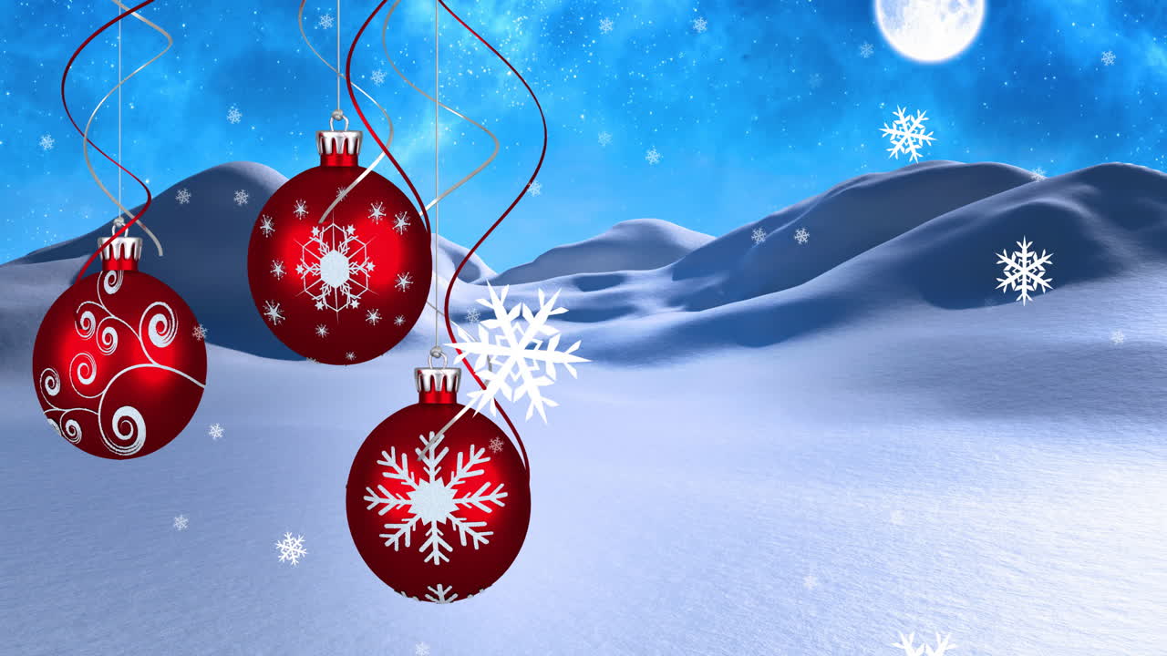 animación de bolas de navidad sobre la nieve que cae