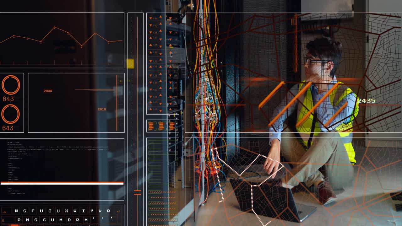 Animation of interface with data processing over asian male engineer using laptop at server room