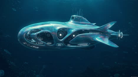 a stunning futuristic submarine gliding through an enigmatic underwater world, showcasing advanced design and serenity beneath the waves